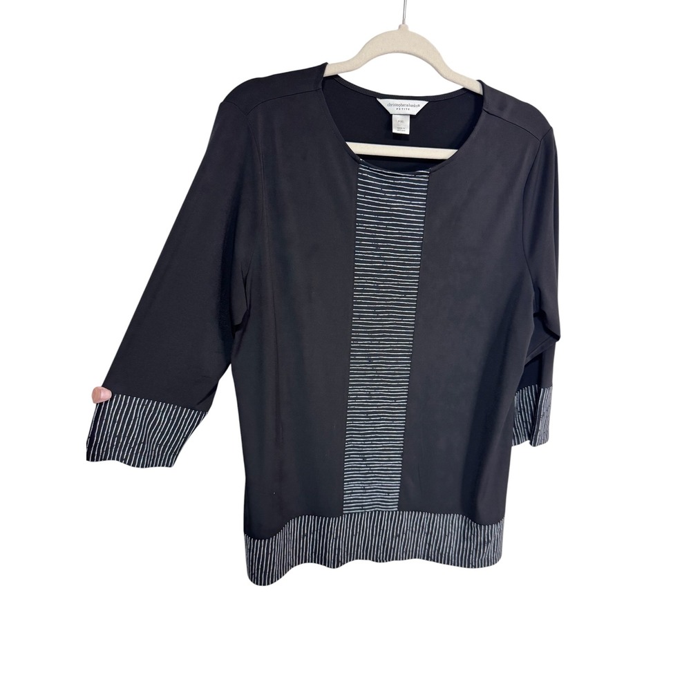 Christopher & Banks P/XL Black Top Women's Striped Trim 3/4 Sleeve